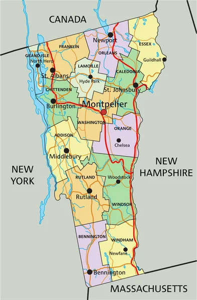 Vermont Εξαιρετικά Λεπτομερής Επεξεργάσιμος Πολιτικός Χάρτης Σήμανση — Διανυσματικό Αρχείο