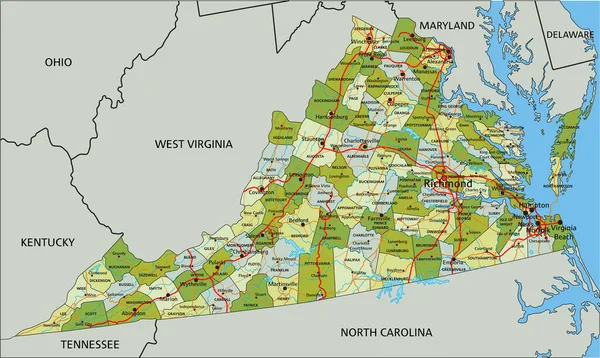Mapa Político Editable Altamente Detallado Con Capas Separadas Virginia — Archivo Imágenes Vectoriales