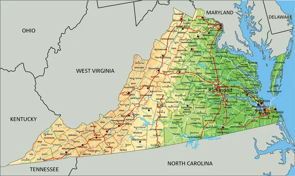 Hög Detaljerad Virginia Fysisk Karta Med Märkning — Stock vektor