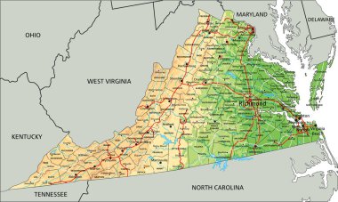 High detailed Virginia physical map with labeling. clipart