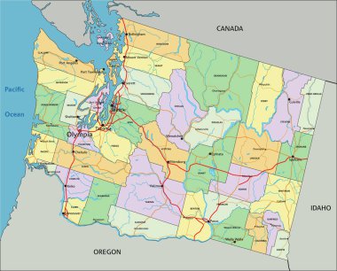 Washington - Etiketli son derece ayrıntılı düzenlenebilir siyasi harita.