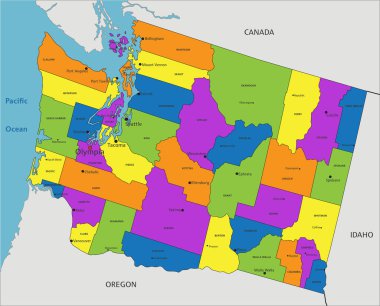 Renkli Washington politik haritası açık bir şekilde etiketlenmiş, ayrı katmanlarla ayrılmış. Vektör illüstrasyonu.
