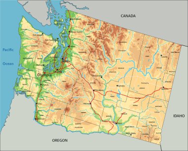 Etiketli son derece detaylı Washington fiziksel haritası.