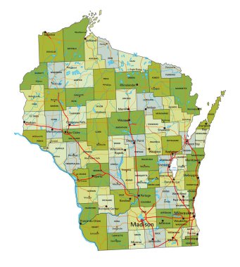 Ayrık katmanlı, son derece detaylı politik harita. Wisconsin.