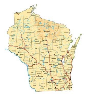 Etiketli yüksek detaylı Wisconsin fiziksel haritası.
