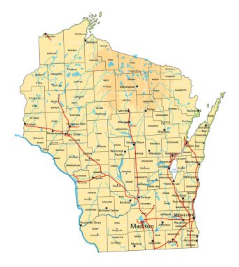 High detailed Wisconsin physical map with labeling. clipart
