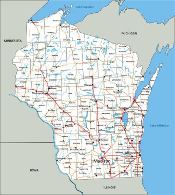High detailed Wisconsin road map with labeling. clipart