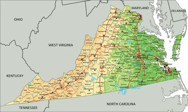 Hög Detaljerad Virginia Fysisk Karta Med Märkning — Stock vektor