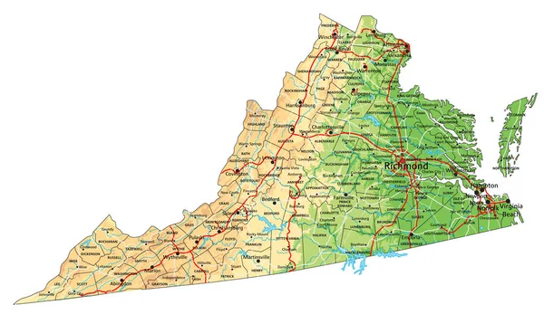 ラベル付きの詳細なバージニア州の物理地図 — ストックベクタ