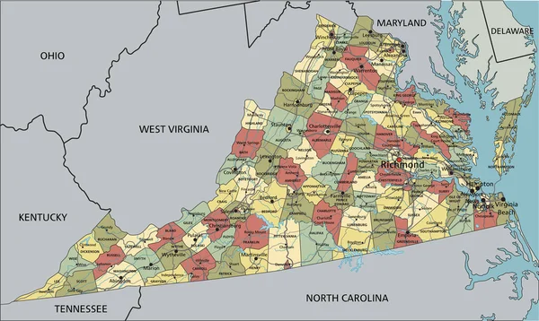 Virginia Mycket Detaljerad Redigerbar Politisk Karta Med Märkning — Stock vektor