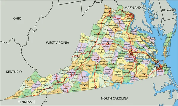 Virginia Vysoce Podrobná Upravitelná Politická Mapa Označením — Stockový vektor
