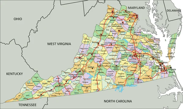 弗吉尼亚 非常详细的带有标签的可编辑政治地图 — 图库矢量图片