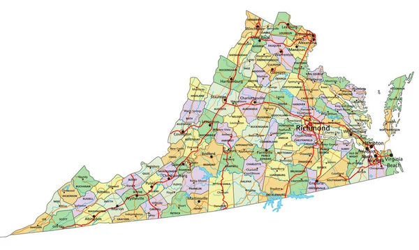バージニア州 ラベル付きの非常に詳細な編集可能な政治地図 — ストックベクタ