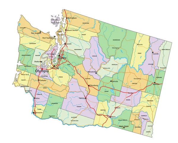 Washington Mappa Politica Altamente Dettagliata Modificabile Con Etichettatura — Vettoriale Stock