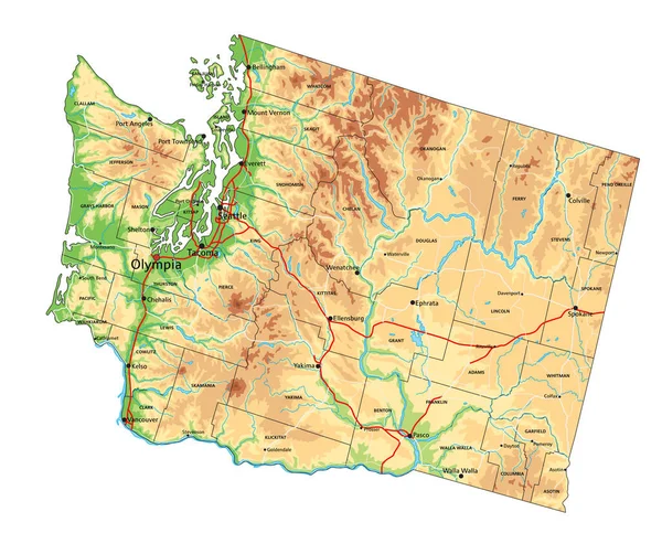 ラベル付きの非常に詳細なワシントン物理地図 — ストックベクタ