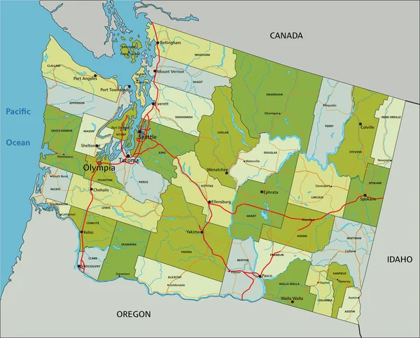 Ayrık Katmanlı Son Derece Detaylı Politik Harita Washington — Stok Vektör