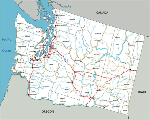 Mapa Estradas Washington Altamente Detalhado Com Rotulagem —  Vetores de Stock