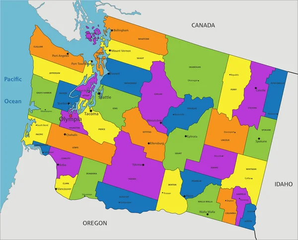 Carte Politique Colorée Washington Avec Des Couches Clairement Étiquetées Séparées — Image vectorielle