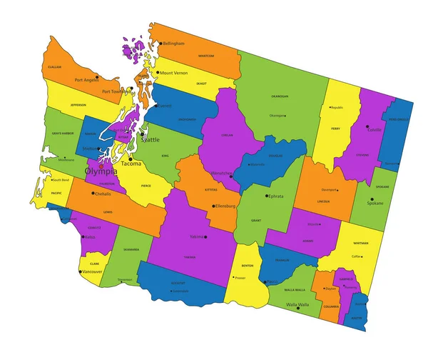 色彩斑斓的华盛顿政治地图 有清晰的标签和分隔的图层 矢量说明 — 图库矢量图片
