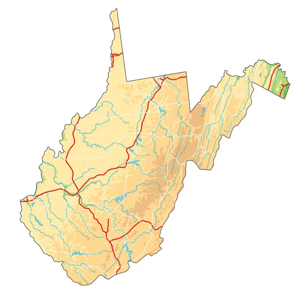 Hoge Gedetailleerde West Virginia Fysieke Kaart — Stockvector