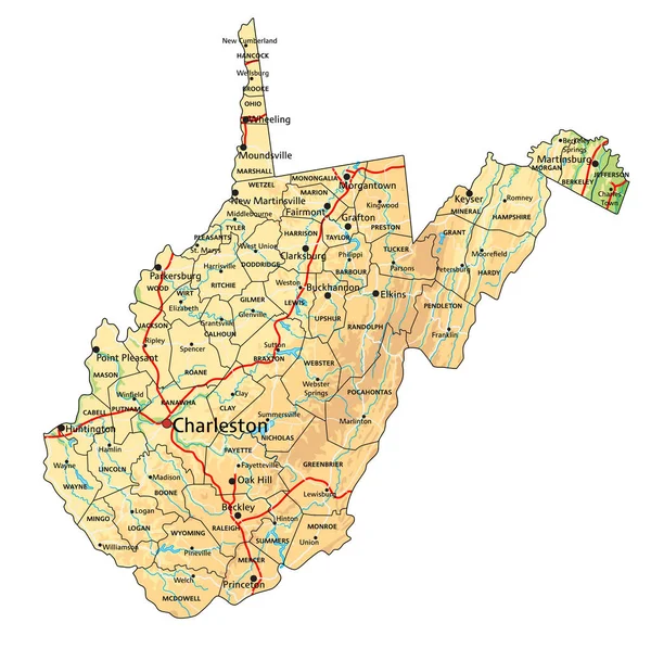 Hög Detaljerad West Virginia Fysisk Karta Med Märkning — Stock vektor