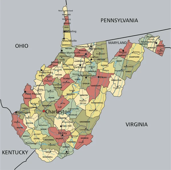 西弗吉尼亚 非常详细的带有标签的可编辑政治地图 — 图库矢量图片