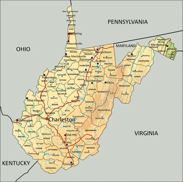 西弗吉尼亚附有标签的高度详细的物理地图 — 图库矢量图片