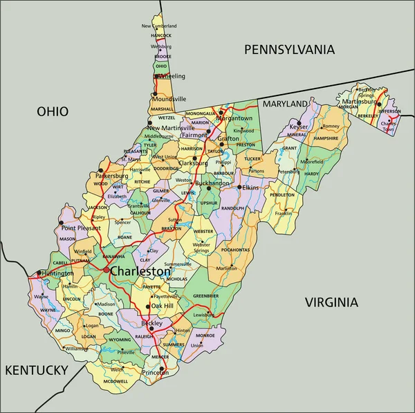 Západní Virginie Vysoce Podrobná Upravitelná Politická Mapa Označením — Stockový vektor