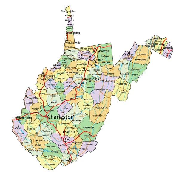 ウェストバージニア州 ラベル付きの非常に詳細な編集可能な政治地図 — ストックベクタ