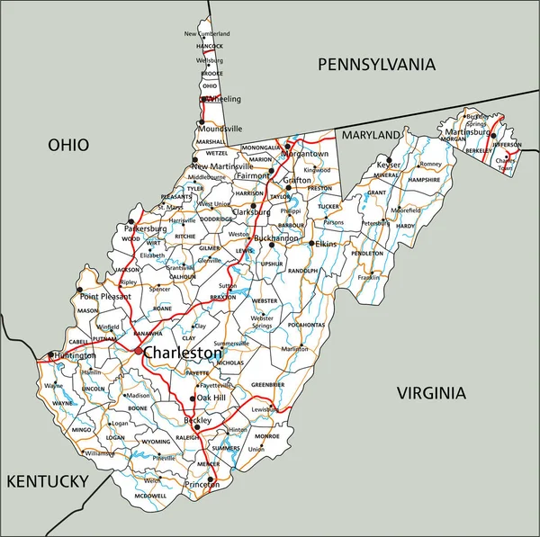 High Detailní West Virginia Cestovní Mapa Označením — Stockový vektor
