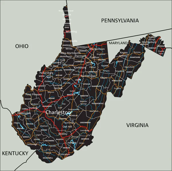 西弗吉尼亚高度详细的路线图 附有标签 — 图库矢量图片