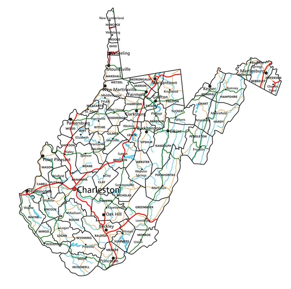 ウェストバージニア州道と高速道路地図 ベクターイラスト — ストックベクタ