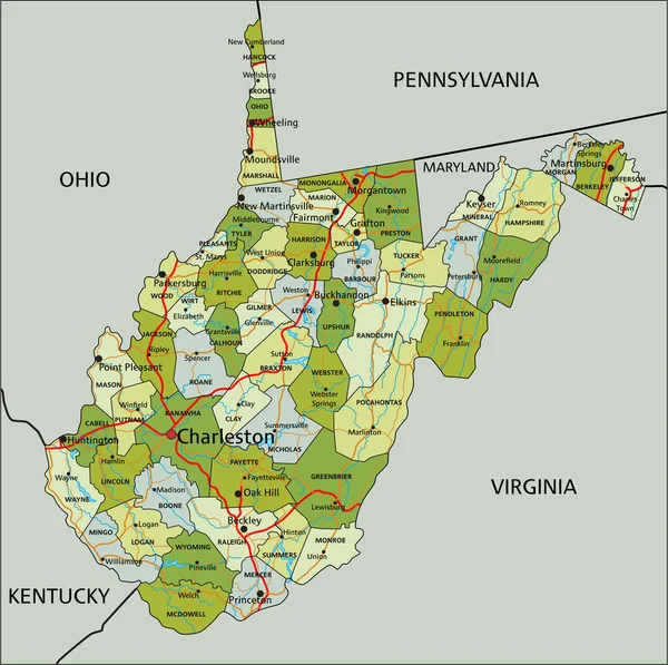 Mycket Detaljerad Redigerbar Politisk Karta Med Separerade Lager Västra Virginia — Stock vektor