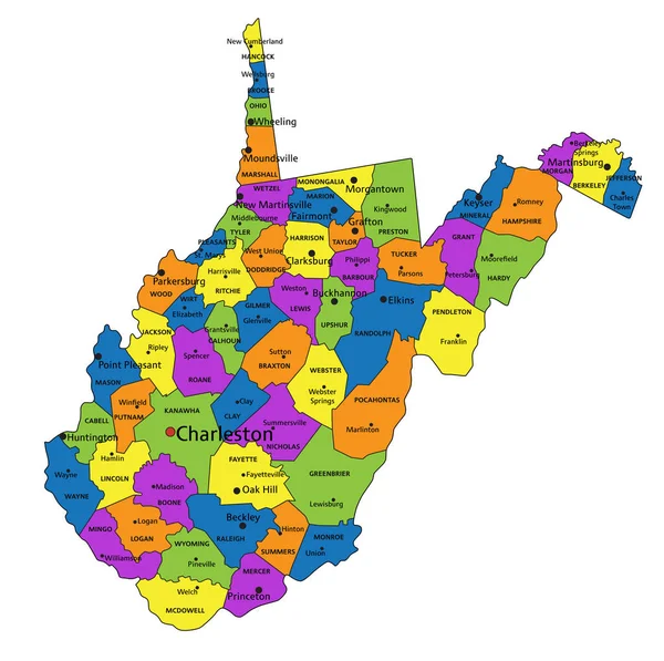 Peta Politik Virginia Barat Berwarna Dengan Label Yang Jelas Lapisan - Stok Vektor