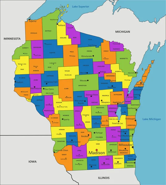 Farbenfrohe Politische Landkarte Von Wisconsin Mit Klar Beschrifteten Getrennten Ebenen — Stockvektor