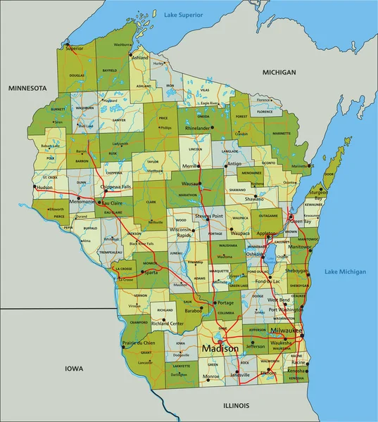 Высоко Детализированная Редактируемая Политическая Карта Разделенными Слоями Висконсин — стоковый вектор