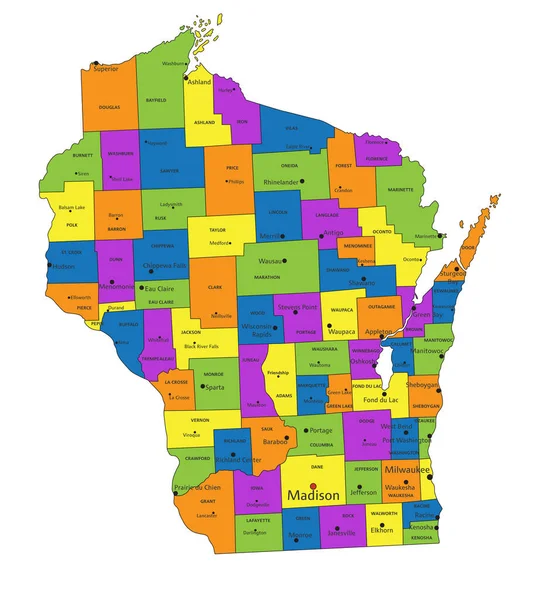 Barevná Wisconsinská Politická Mapa Jasně Označenými Oddělenými Vrstvami Vektorová Ilustrace — Stockový vektor