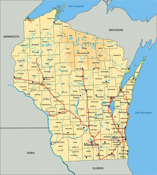 Carte Physique Détaillée Wisconsin Avec Étiquetage — Image vectorielle