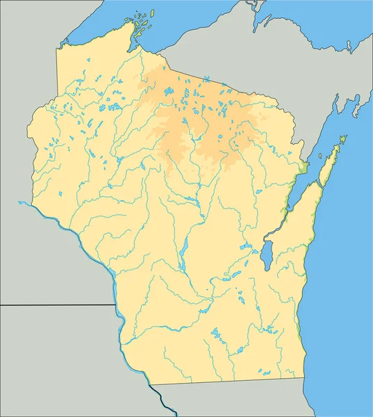 Mapa Físico Wisconsin Alto Detallado — Vector de stock