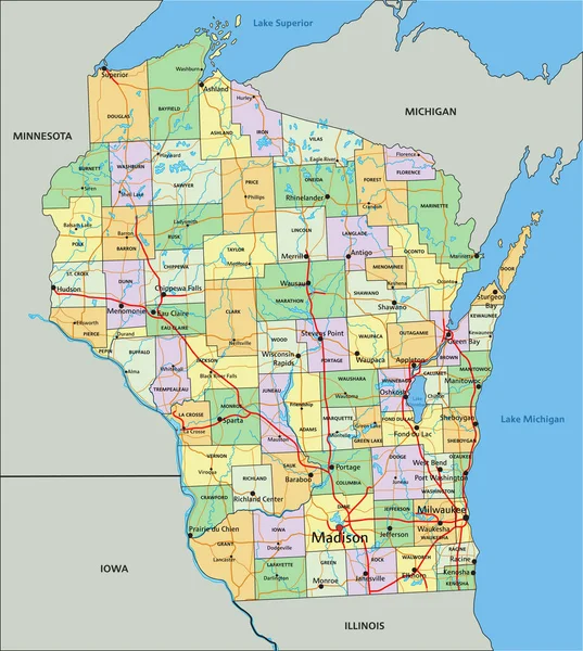 Wisconsin Bardzo Szczegółowa Edytowalna Mapa Polityczna Etykietowaniem — Wektor stockowy