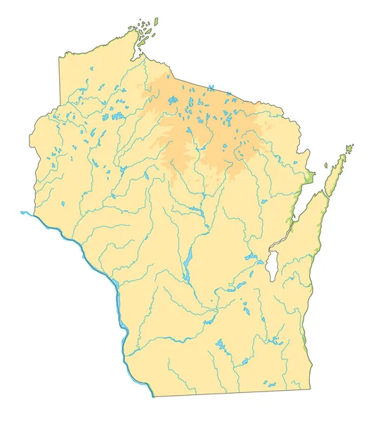 Velmi Podrobná Wisconsinská Fyzická Mapa — Stockový vektor