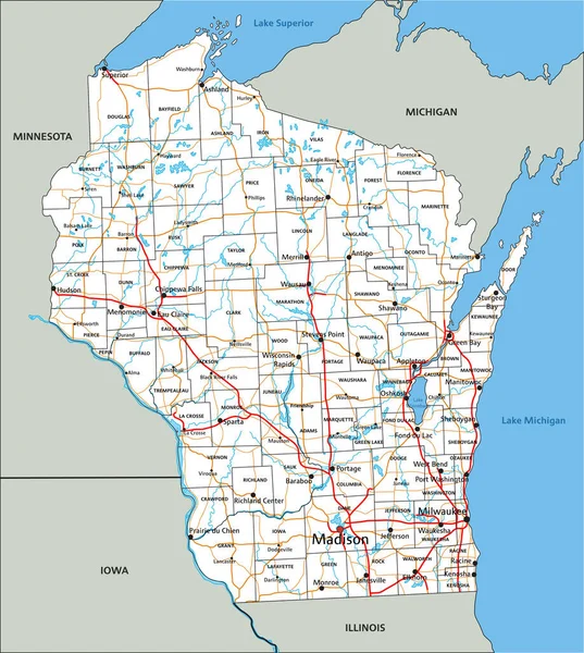 Carte Routière Détaillée Wisconsin Avec Étiquetage — Image vectorielle