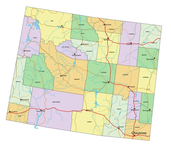 怀俄明州 非常详细的带有标签的可编辑政治地图 — 图库矢量图片