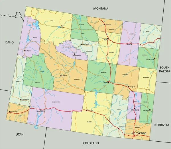 Wyoming Nagyon Részletes Szerkeszthető Politikai Térkép Címkével — Stock Vector