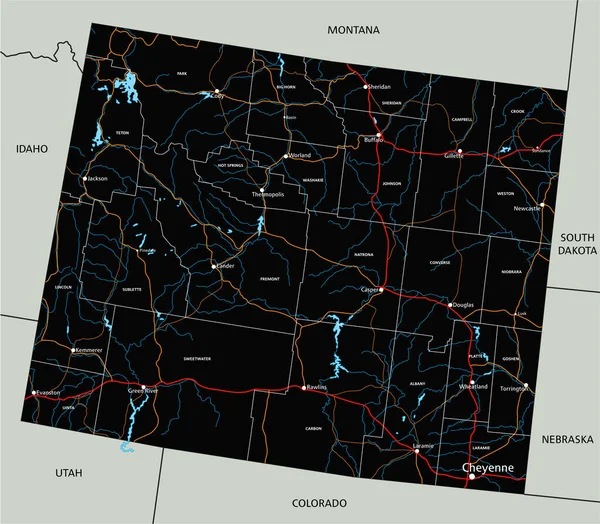 ラベル付きの高詳細なワイオミング州道地図 — ストックベクタ