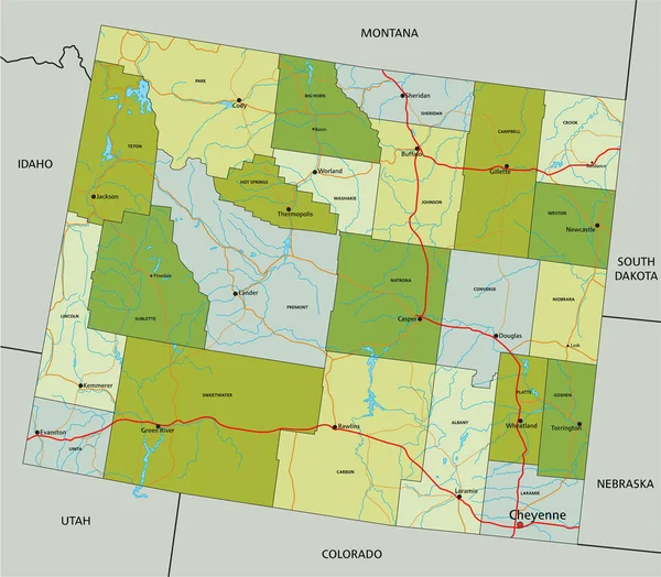 独立したレイヤーを持つ非常に詳細な編集可能な政治マップ ワイオミング州 — ストックベクタ