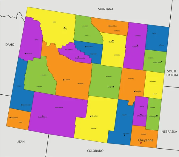 色彩斑斓的怀俄明州政治地图 有清晰的标记和分隔的图层 矢量说明 — 图库矢量图片