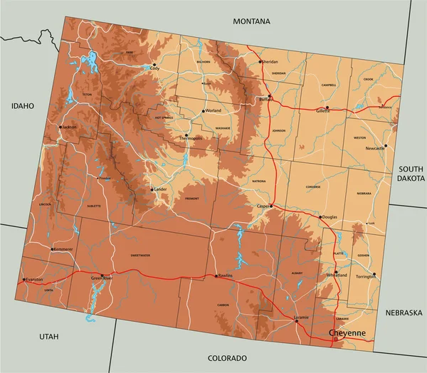 Mappa Fisica Del Wyoming Altamente Dettagliata Con Etichettatura — Vettoriale Stock