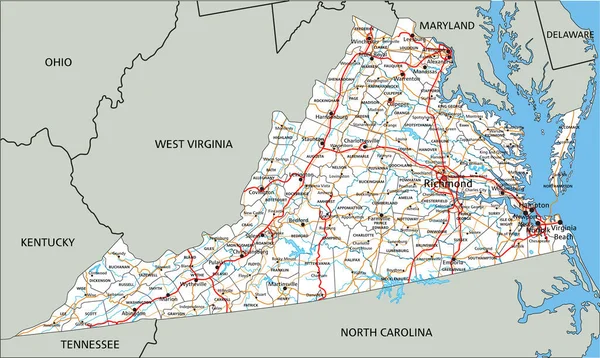 Hoch Detaillierte Virginia Roadmap Mit Beschriftung Stockvektor