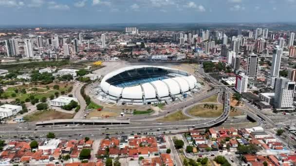 Panorama Luftaufnahme Des Fußballstadions Dunes Arena Der Innenstadt Von Natal — Stockvideo
